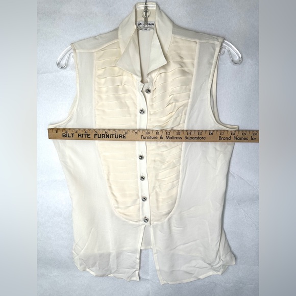 St John Women Size 10 Off White Silk Georgette Sleeveless Blouse Pleats - Picture 3 of 11